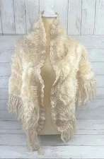 Handmade Beige Crochet Faux Winter Kimono Shaw Scarf Boho Fringe, Lined Wrap