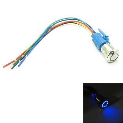 Blue 16mm Metal Push Button Switch Latching 12V-24V Ring LED Light + Connector