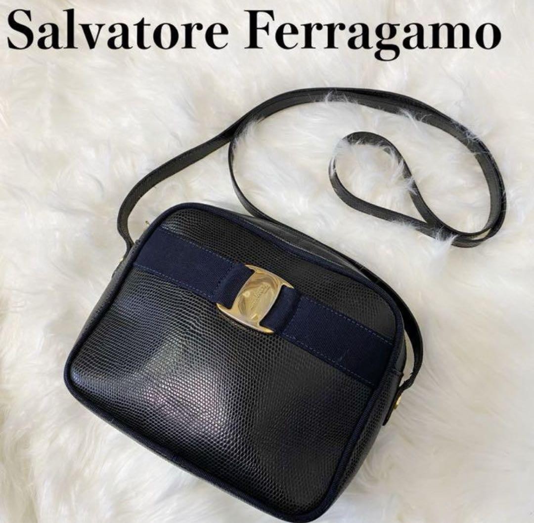 Salvatore Ferragamo Vara Black Ribbon Canvas Leather Gold Logo Shoulder Bag Used