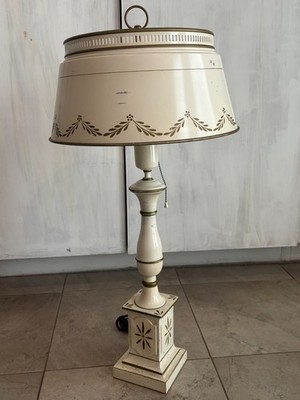 Vintage Americana Metal Tole Electric Lamp Torchiere Glass Ivory Gold Painted