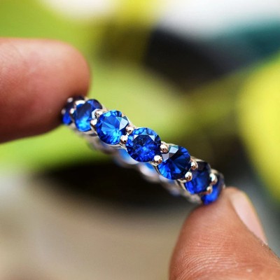 1.50Ct Round Cut Natural Sapphire Eternity Engagement Band 14K Real White Gold 7