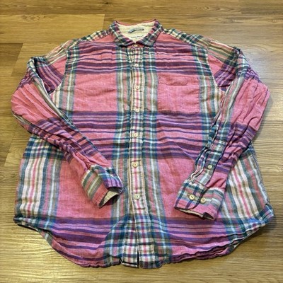 Tommy Bahama Linen Shirt Mens Large Pecona Plaid Button Up Pink Blue Beach