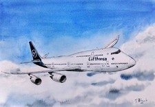 ORIGINAL AQUARELL - Lufthansa,  Boeing 747-8.