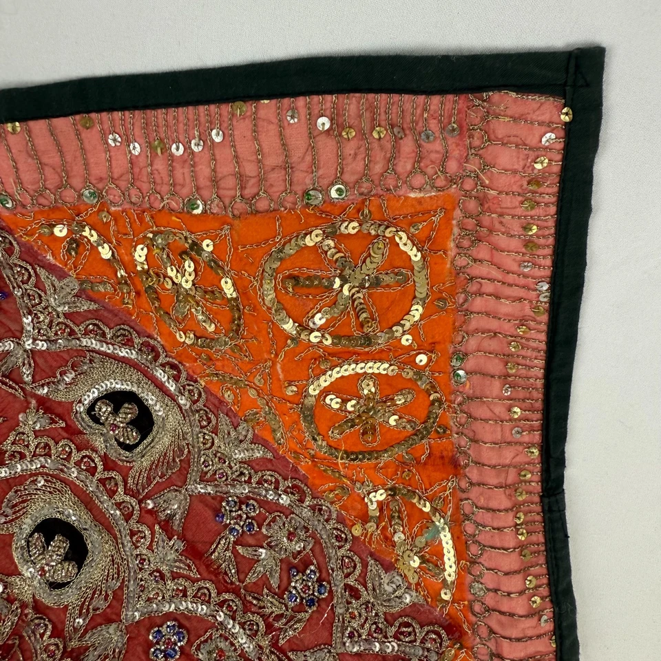 Orange Bling Pillow Cover Hand Beaded Embroidery 16in Square India Excellent - Image 2 of 4