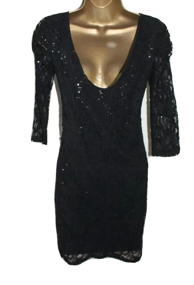 Black Sequin Lace Bodycon Dress Size 10 Xmas Party Evening 3/4 Sleeve Low Back - Image 2 of 4