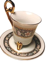 Lefton China 90's Pastel Color Flowers W/ Gold Rim Footed Cup & Saucer Set