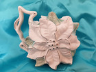 Vintage White Poinsettia Teapot Pastel Green Leaves Silver Gilt  Beautiful