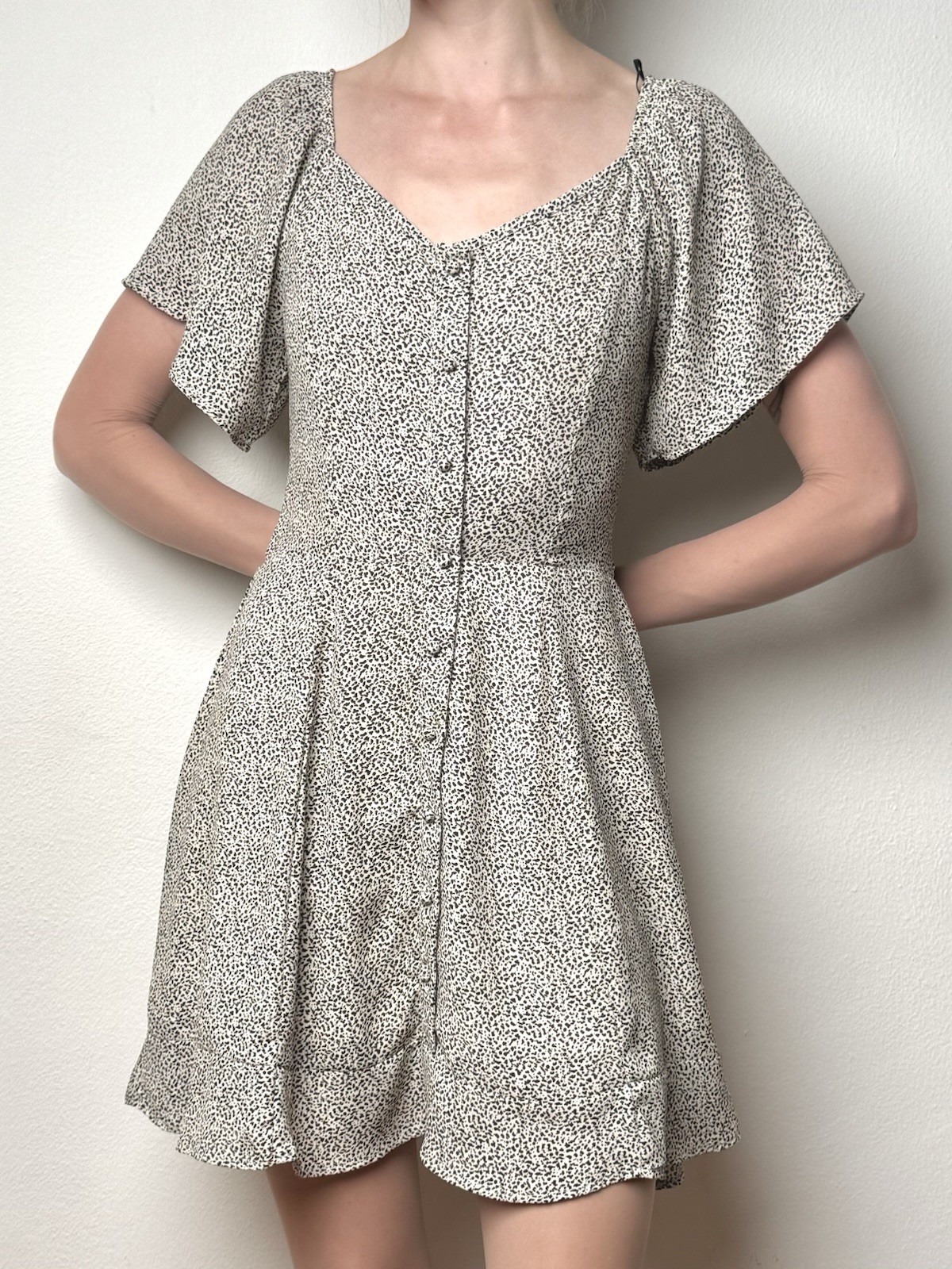 Women's Dress Size S Mini Cream Black Dot Print Romantic Cottagecore Cute