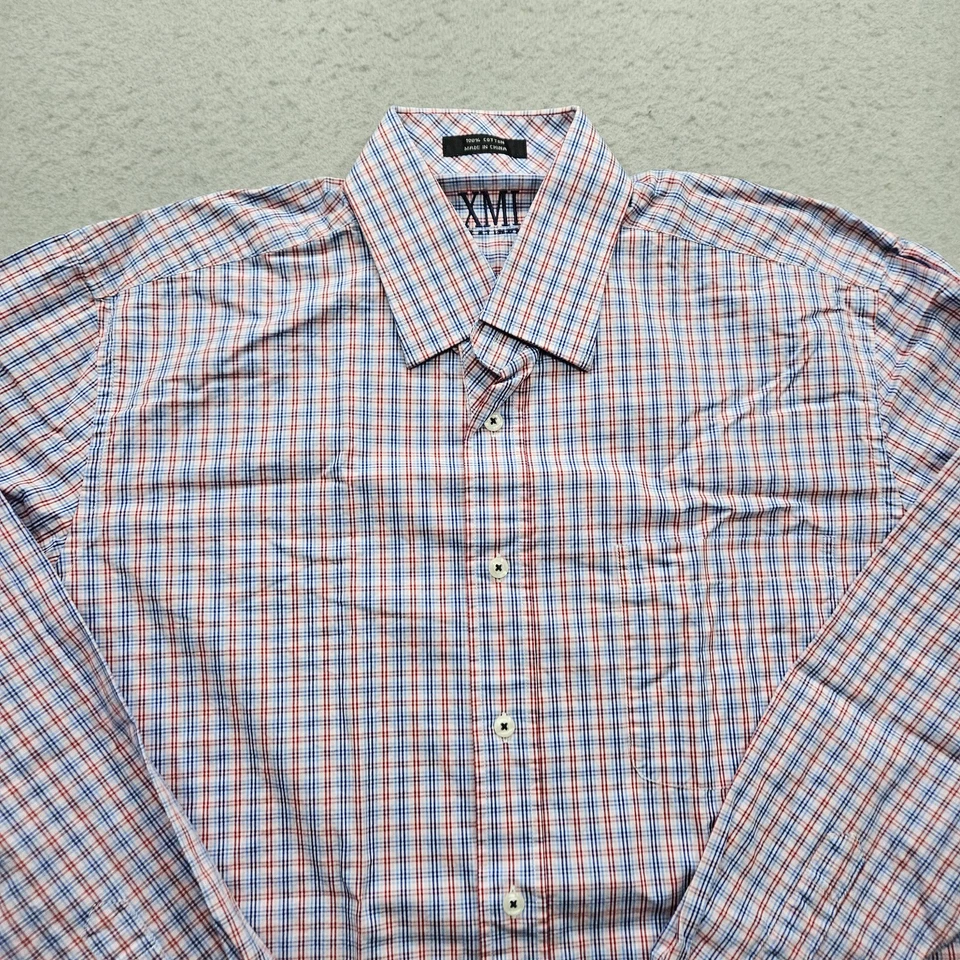 XMI Platinum Men's Button Down Shirt Size 18 Red Blue Checkered Long Sleeve - Image 2 of 4