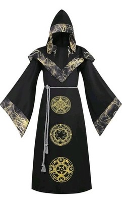 Mens Halloween Costume Hooded Sorcerer Robe Medieval Renaissance Wizard XXL