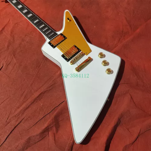 Brand New White Explorer Electric Guitar Golden Pickguard HH Pickup In Stock