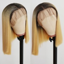 Natural Hair Short Bob Wig Heat Resistant Synthetic Lace Front Wigs Ombre Yellow