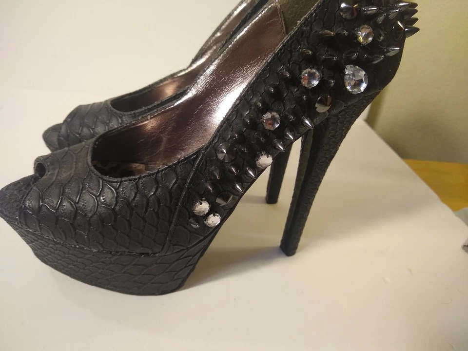 Mujer Talla 6.5 Bling and Spikes Puntera Abierta Casa de Muñecas Negro Zapatos de Tacón Alto Foto 3 de 4