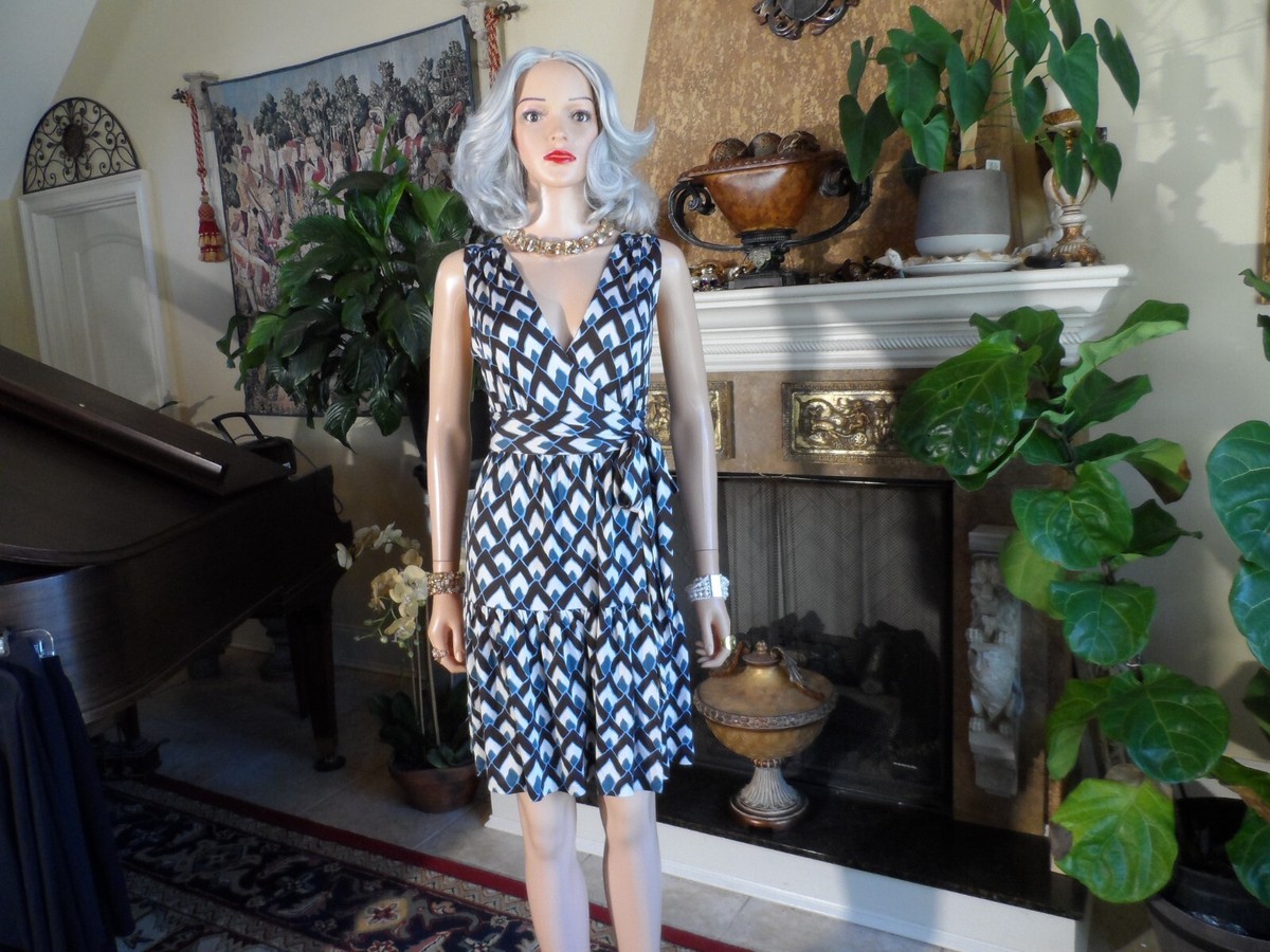 Diane Von Furstenberg Blue Multi Print 100% Silk Sleeveless Wrap Dress Size  12 | eBay