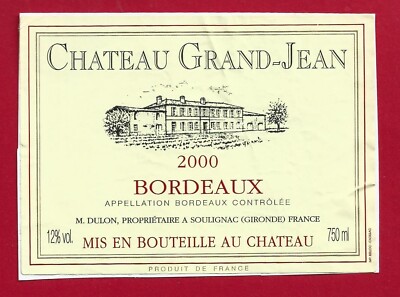 88/99 Etikett BORDEAUX 2000 Château GRAND-JEAN M. DULON sauber à SOULIGNAC