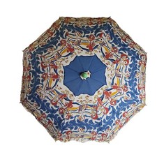 Vtg Child's or Doll's Fabric Umbrella Parasol Asian Red Blue Duck Print