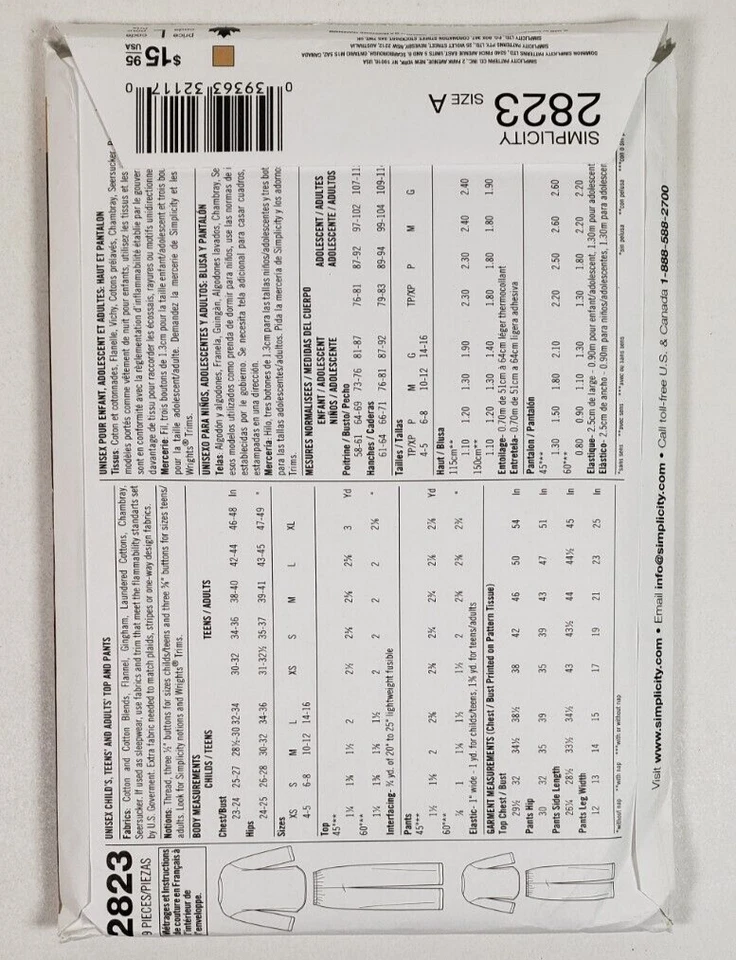 Simplicity 2823 Sewing Pattern Unisex Matching Family Pajamas Sleepwear Uncut - Image 2 of 3