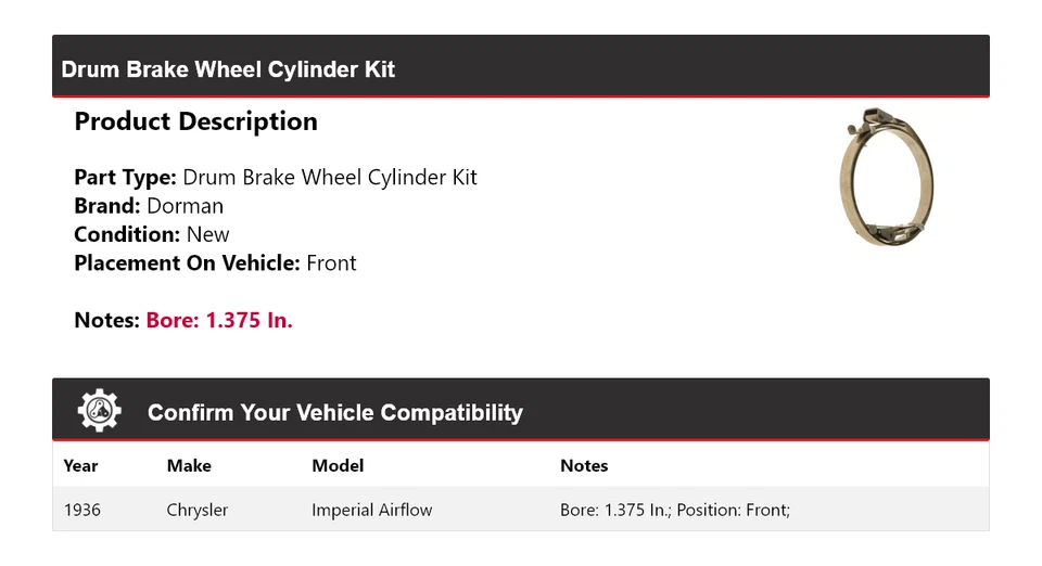 Kit de cilindro de rueda de freno de tambor delantero para Chrysler Imperial Airflow Dorman 1936 Foto 2 de 4
