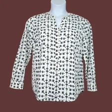Talbots Womens Long Sleeve Ivory Black Key Print Blouse Size MP NWT