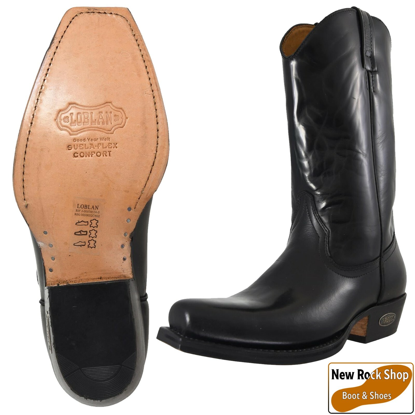 LOBLAN 000 HR Black Unisex Shiny Leather Western Cowboy Boots UK Size 7 - 12 - Picture 2 of 6