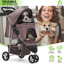 Brown Foldable Dog Stroller Pet Carrier Cart w/Adjustable Canopy Storage Basket