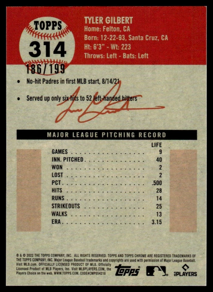2022 TOPPS CHROME PLATINUM BLUE TOILE Tyler Gilbert Rookie /199 Arizona - Image 2 of 2