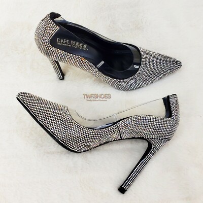 CR Black Rhinestone Pointy Toe Lucite Pump Shoe 4.25