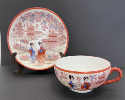 Vintage Teacup & Saucer Geisha Girls Pagoda Floral Red Trim Hand Painted Japan
