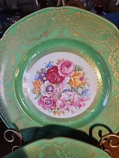 8 Rare 10.5" A M C Celedon Floral Center Gold Urns Trim Dinner Plates Germany