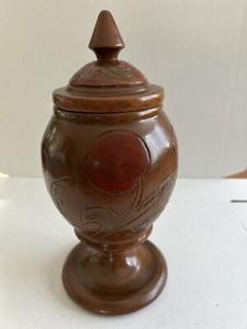 Vintage 70s Hand carved Wooden Urn Art Object All Around Floral Design 13'' 