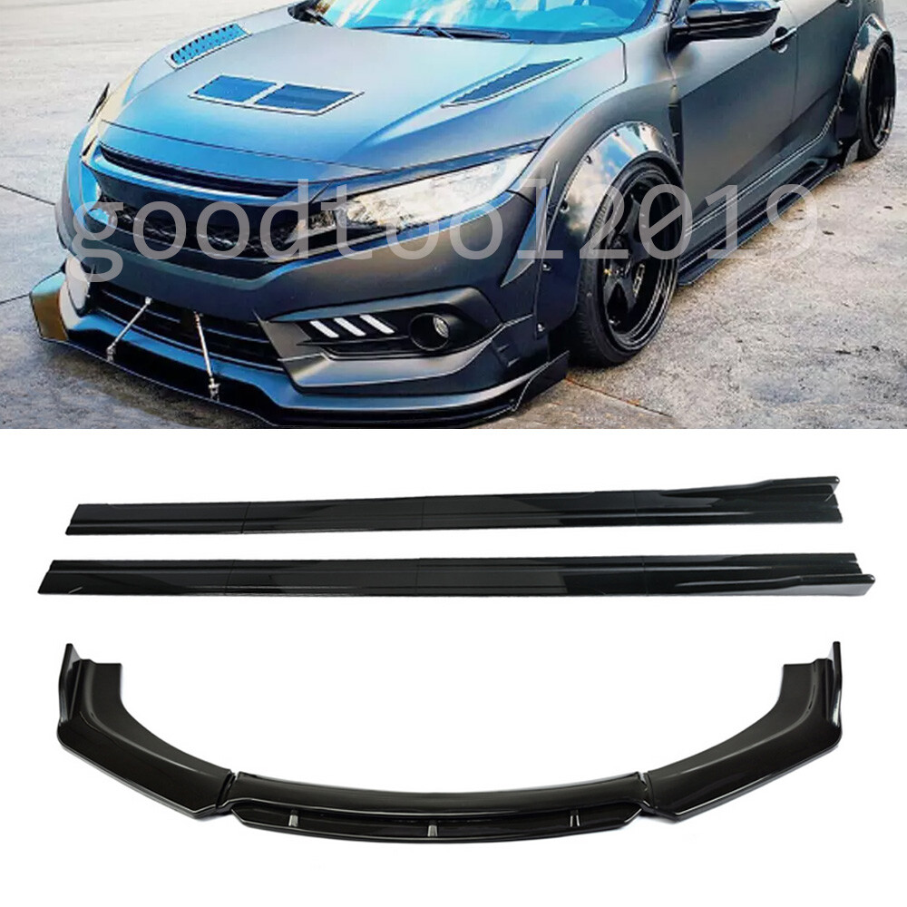For Honda Civic Sedan 2012-2024 Front Bumper Lip Splitter Spoiler + Side Skirts