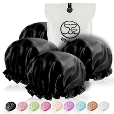 Extra Large Reusable Shower Cap for Men, Women (Black 4 Pack ) Satin Double Laye