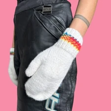 Vintage 80s Handmade Knit Mittens White with Rainbow Stripe at Cuff Adult Size