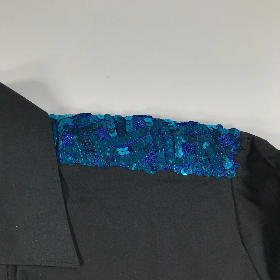 Western Button Down Shirt Mens Medium Black Blue Rockabilly Western Sequins - Image 3 of 4