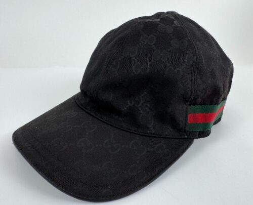 Gucci Men Black Sz Medium M 58 GG Logo Monogram Web Ball Cap Hat Runway Auth - Picture 7 of 15