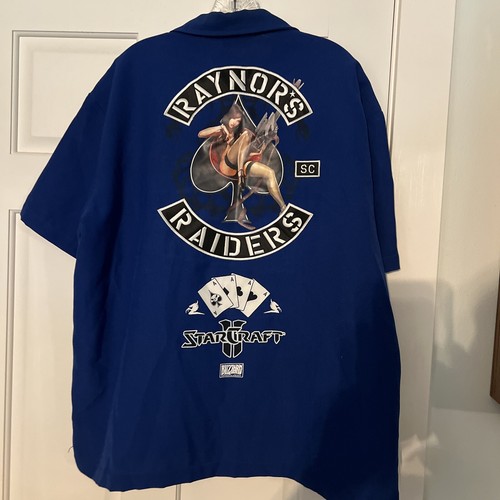 StarCraft 2 Jim Raynors Raiders Men XL Blue Poker Button Down Shirt Blizzard EUC - Picture 2 of 15