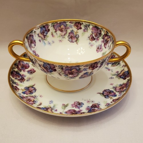 LIMOGES Haviland 1 Bouillon Cup Saucer Purple Blue Pink Pansies Flowers and Gold - Picture 3 of 7