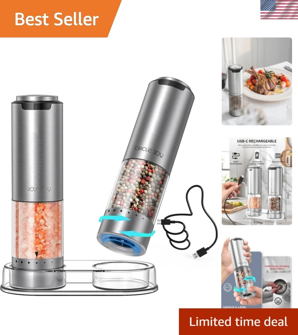 Rechargeable Electric Salt and Pepper Grinder Set with Base, Stainless Steel ...