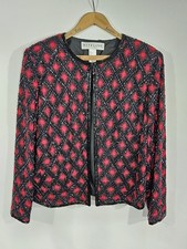Vintage Niteline Black Red Silk Sequined Beaded Evening Formal Jacket Size M