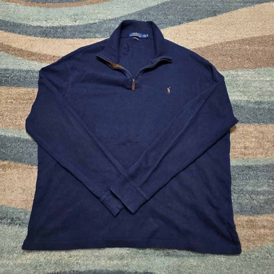 Polo Ralph Lauren Suéter Para Hombres XXL Azul Marino Costilla Cuarto Cremallera Pullover Poni Foto 2 de 4