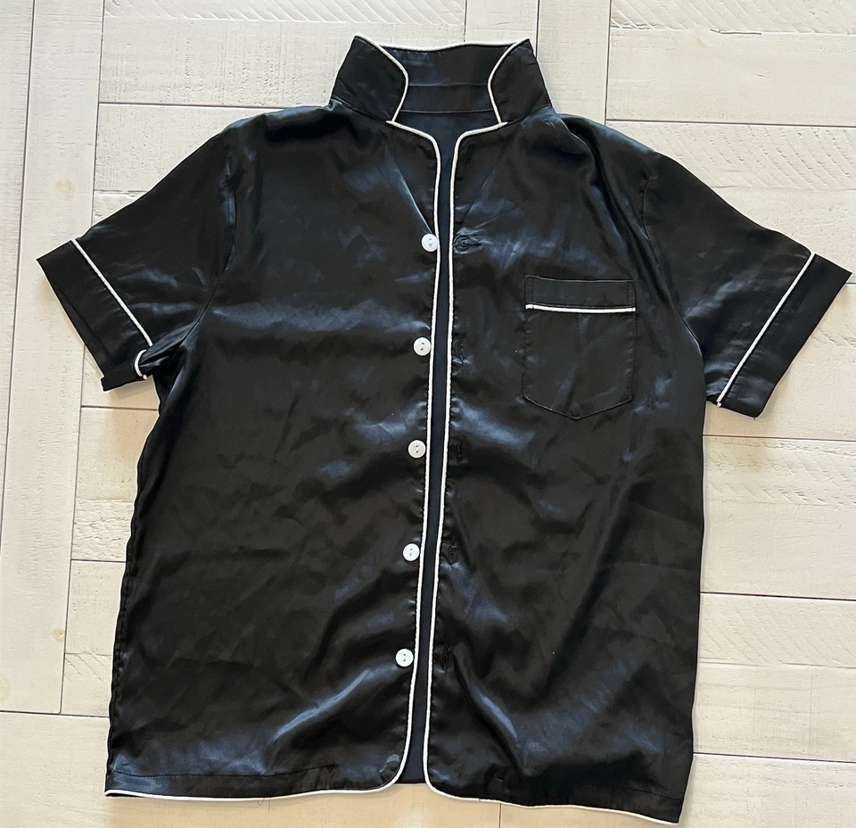 14Y Boys Girls Pajamas Set Black/White Satin Button-Down Short Sleeve & Pants - Image 3 of 4