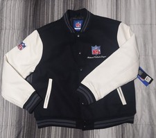NFL Varsity Bomber Jacket   Men  s Black Body Leather White Sleeves, Size L, NWT