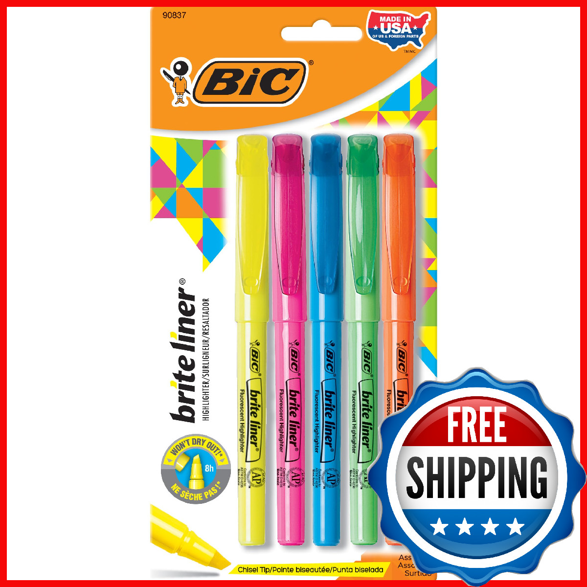 BIC Brite Liner Highlighters, Chisel Tip, Assorted Colors, 5