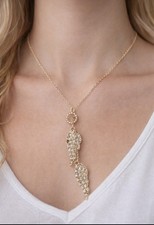 Gold Tone Rhinestone Angel Wing Pendant Necklace Double Wing Dangle Chain