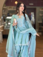 Sequin embroidered blue farshi shalwar suit with dupatta set for women festive