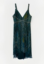 VTG Y2K Laundry by Shelli Segal Silk Beaded Dress Green Sz 12 Paisley