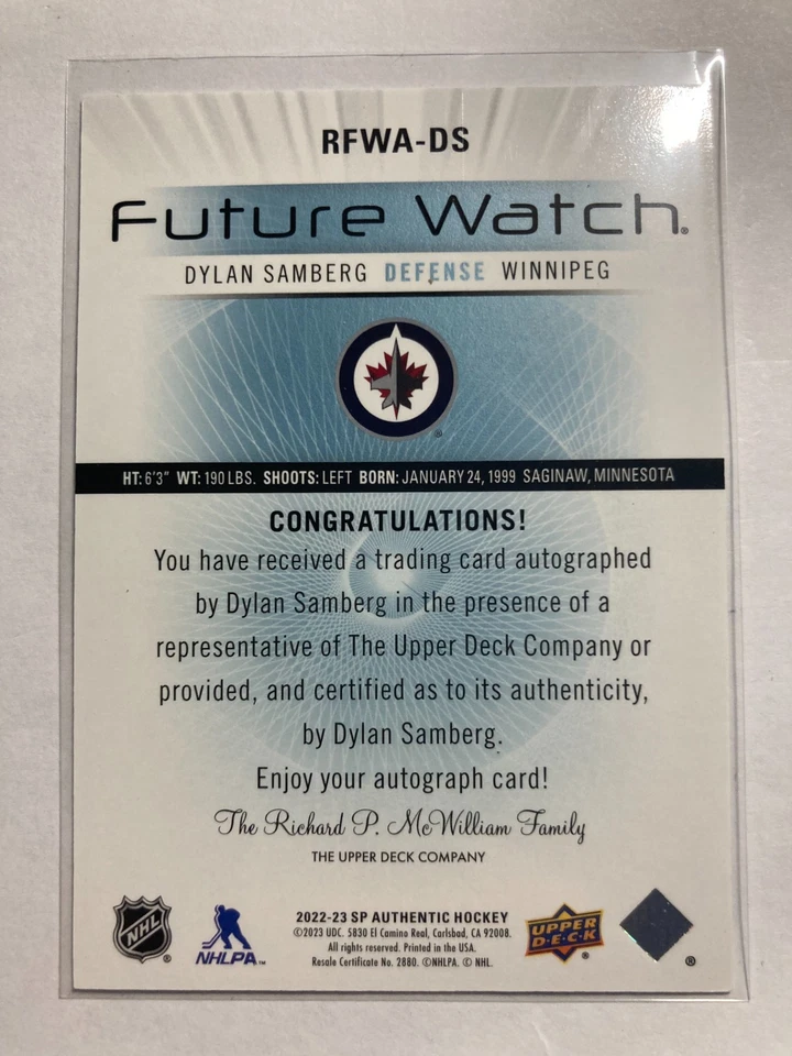 2022-23 SP Authentic Retro FW Auto #RFWA-DS Dylan Samberg FW RC 495/699 - Image 2 of 2