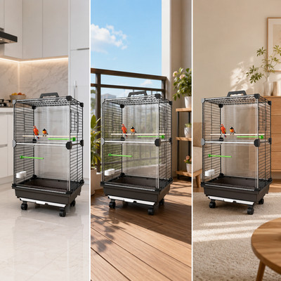 Two-Tier Metal Bird Cage, Transparent Panel Parakeet Cage with Wheels