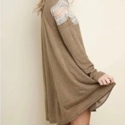 NEW Umgee Brown Swing Babydoll Dress White Lace USA Made Boutique Cottage