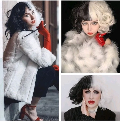 Parrucca costume Crudelia Deville bianco e nero con guanti, collana girocollo, supporto a C - Foto 4 di 4